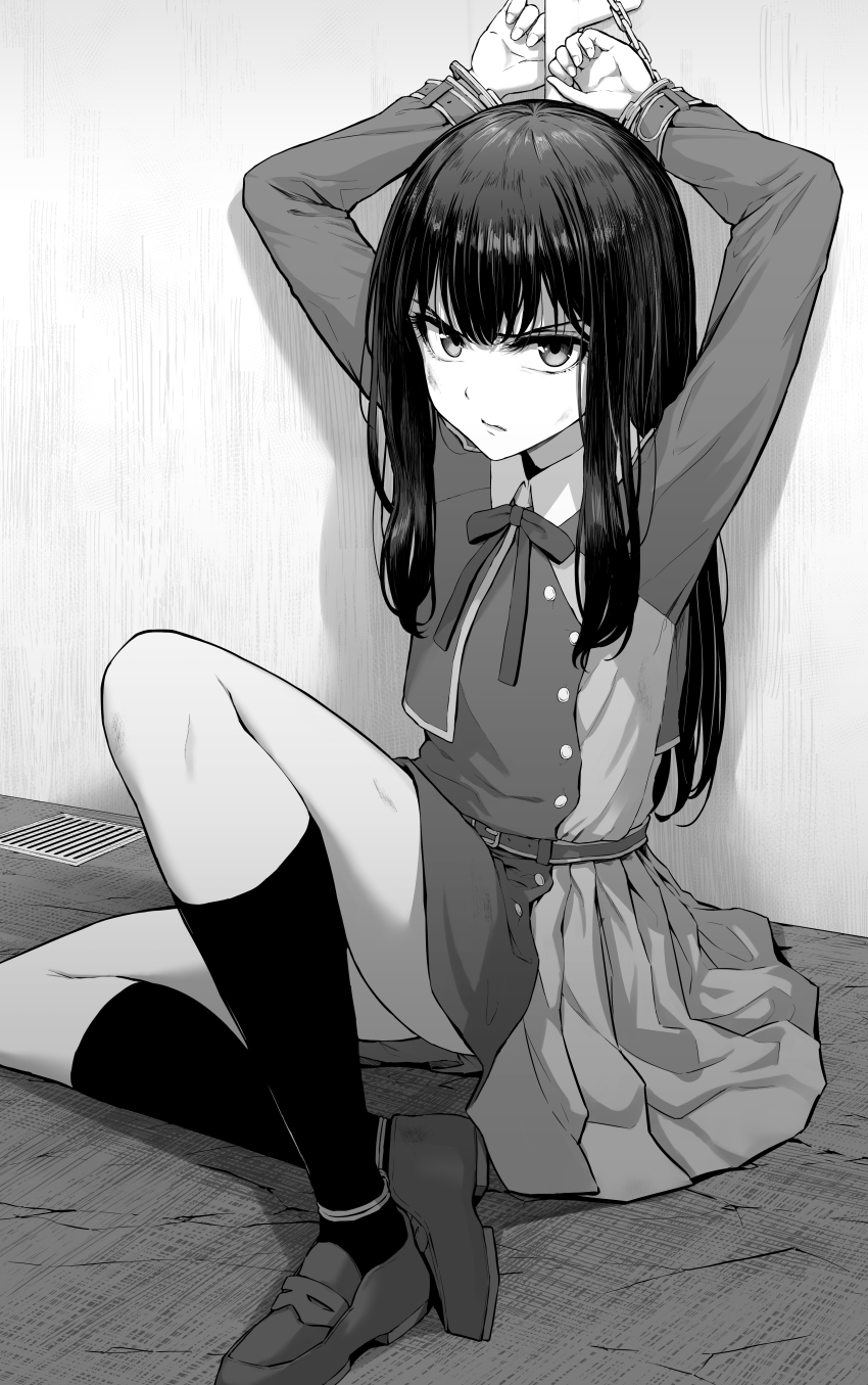 1girl, absurdres, angry, arms_up, belt, bound, bound_ankles, bound_wrists, bruise, bruise_on_face, closed_mouth, collared_shirt, commentary_request, cuffs, drain_(object), dress, greyscale, handcuffs, highres, injury, inoue_takina, knee_up, kneehighs, kusaba_eru_(happy_crystal), loafers, long_hair, long_sleeves, looking_at_viewer, lycoris_recoil, lycoris_uniform, monochrome, neck_ribbon, on_floor, pleated_dress, restrained, ribbon, shirt, shoes, sitting, socks, solo, v-shaped_eyebrows