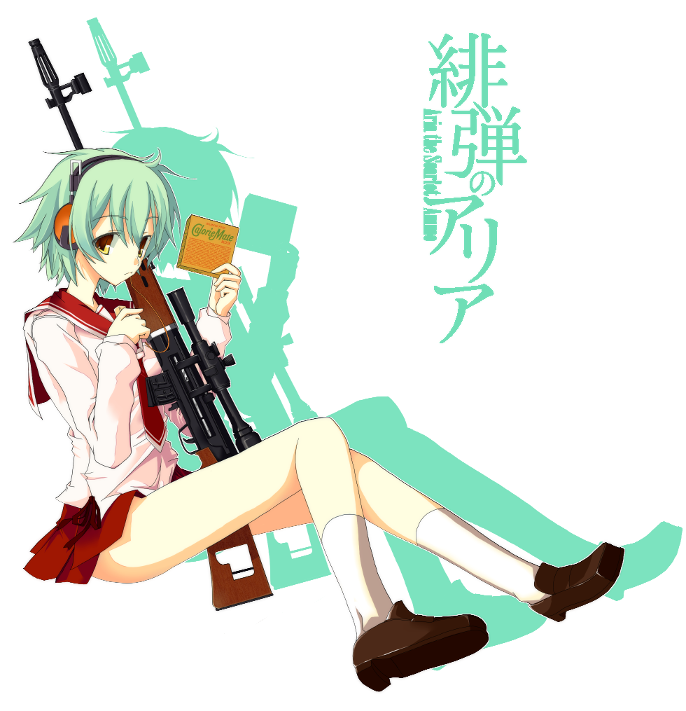 1girl, book, calorie_mate, mp3_player, ear_protection, female_focus, field_ration, green_hair, gun, headphones, hidan_no_aria, kalashnikov_psl-54c, konoekatana, legs, legs_up, miniskirt, muzzle_device, necktie, pleated_skirt, reki_(hidan_no_aria), rifle, school_uniform, scope, shadow, shoes, short_hair, sitting, skirt, sniper_rifle, solo, thumbhole_stock, weapon, white_legwear