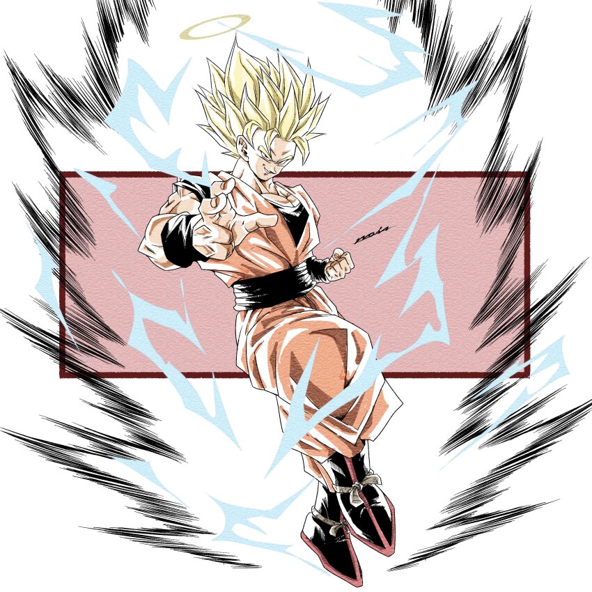 1boy, absurdres, aura, blonde_hair, dougi, dragon_ball, dragonball_z, electricity