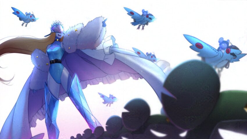 bare_shoulders, belt, bird, blonde_hair, blue_leotard, blurry, blurry_background, blurry_foreground