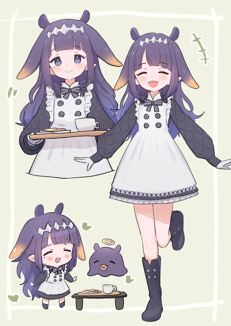 1girl, :d, =_=, apron, black_bow, black_dress, black_footwear, blunt_bangs