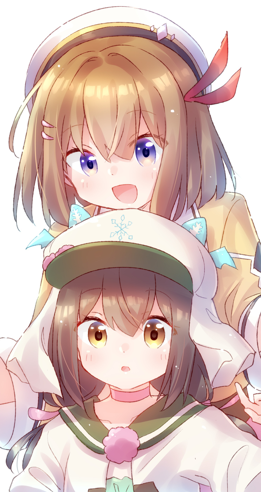 2girls, absurdres, adjusting_clothes, adjusting_headwear, beret, blush, brown_eyes, brown_hair