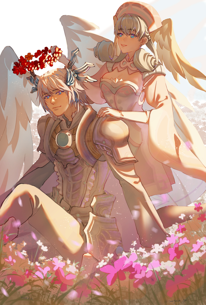 1boy, 1girl, blue_eyes, breasts, cleavage, field, flower, flower_field