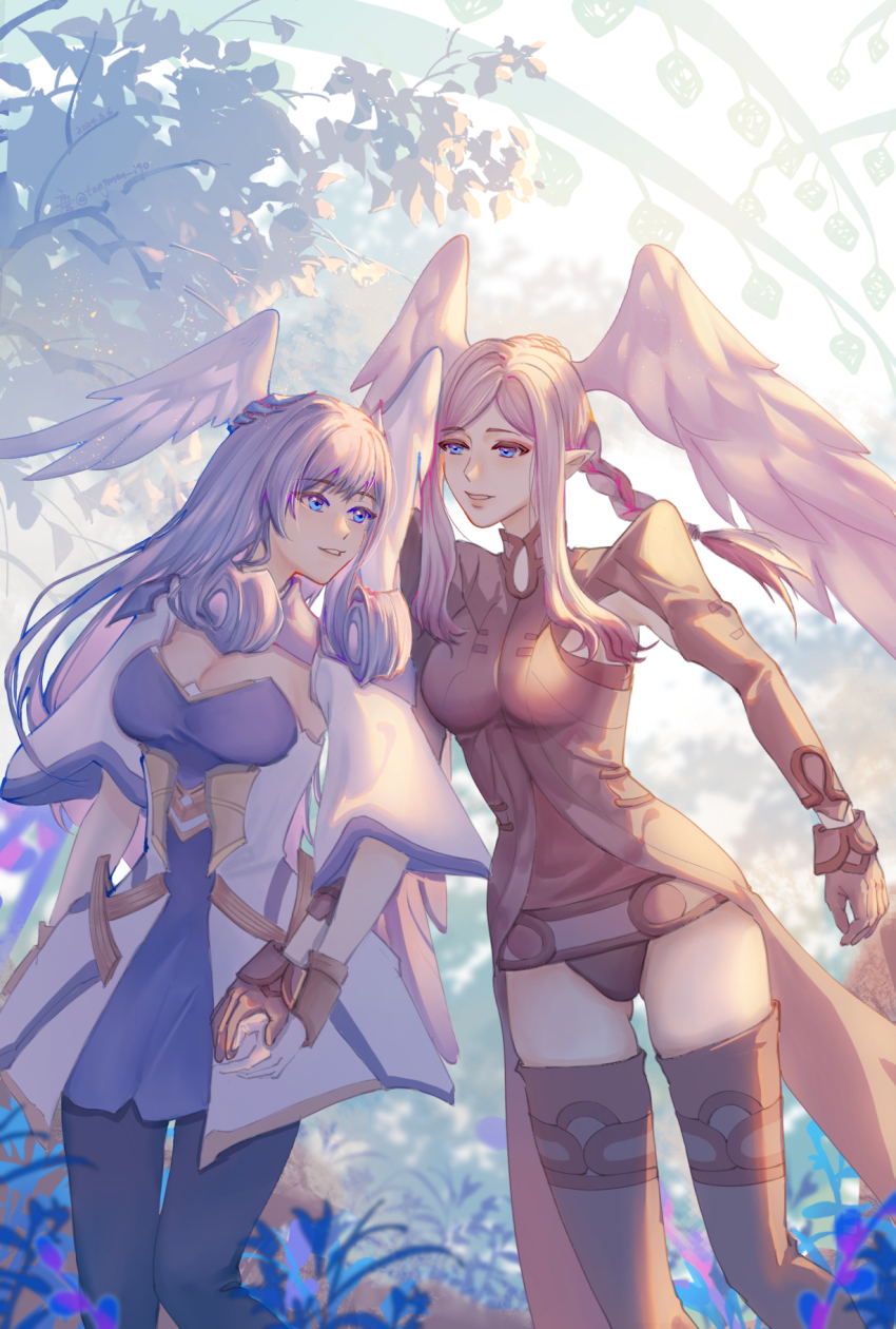 2girls, blue_eyes, breasts, cleavage, grey_hair, head_wings, highres, large_breasts
