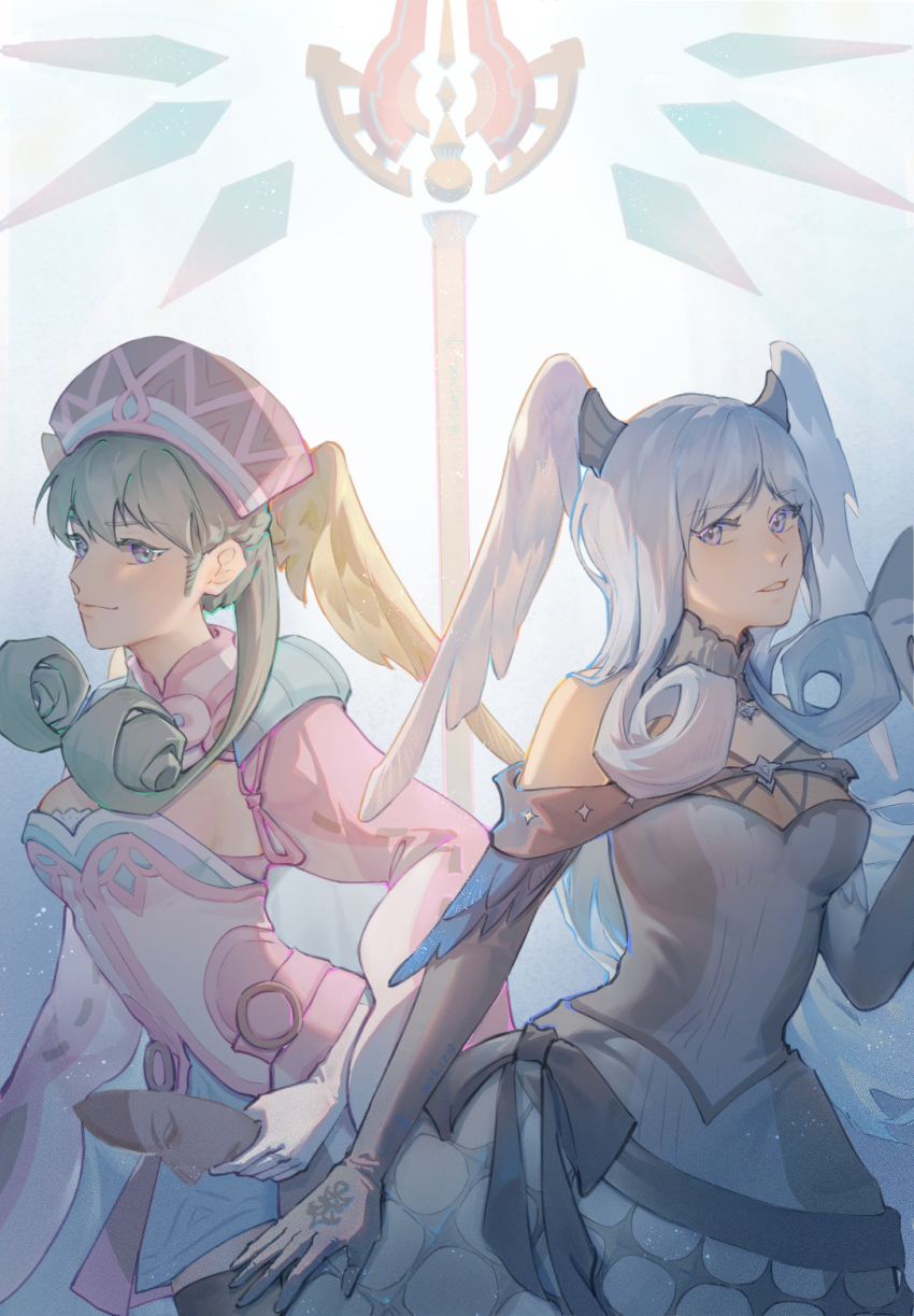 blue_eyes, gloves, grey_hair, head_wings, highres, mask, melia_antiqua, staff_(weapon)