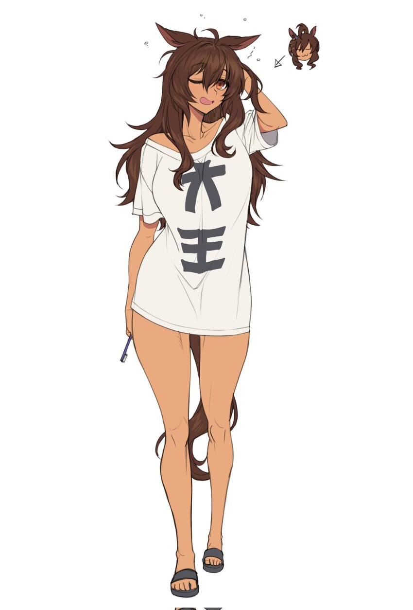1girl, animal_ears, breasts, brown_eyes, brown_hair, collarbone, commentary_request, corrupted_twitter_file, dark-skinned_female, dark_skin, fukuro_(maruaru00), hair_between_eyes, hand_on_own_head, highres, horse_ears, horse_girl, king_kamehameha_(umamusume), large_breasts, long_hair, one_eye_closed, open_mouth, sandals, shirt, sleepy, solo, toothbrush, translation_request, umamusume, wavy_hair, white_background, white_shirt