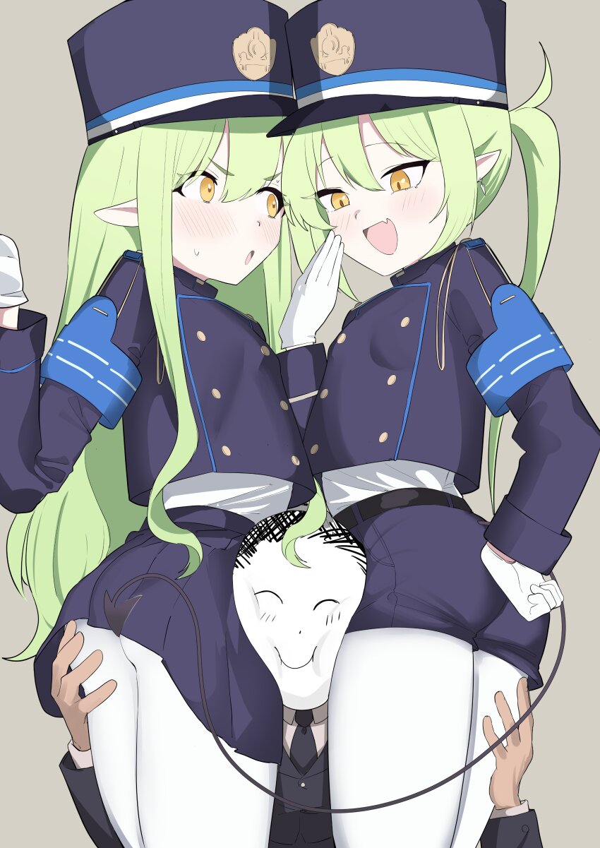 1boy, 2girls, :o, absurdres, armband, ass, belt, black_belt, black_jacket, black_necktie, black_shorts, black_skirt, blue_archive, blue_armband, blush, business_suit, buttons, cheek_press, colored_skin, commentary_request, demon_tail, doodle_sensei_(blue_archive), fang, flat_chest, formal_clothes, gloves, grabbing_another's_ass, green_hair, grey_background, groping, hageashi, hair_between_eyes, hand_on_another's_ass, hand_on_another's_thigh, hand_up, hat, highres, hikari_(blue_archive), jacket, long_hair, long_sleeves, looking_at_another, multiple_girls, necktie, nozomi_(blue_archive), open_mouth, pantyhose, pointy_ears, sensei_(blue_archive), shirt, short_shorts, shorts, sidelocks, skin_fang, skirt, smile, suit, sweat, tail, twintails, v-shaped_eyebrows, white_gloves, white_pantyhose, white_shirt, white_skin, yellow_eyes