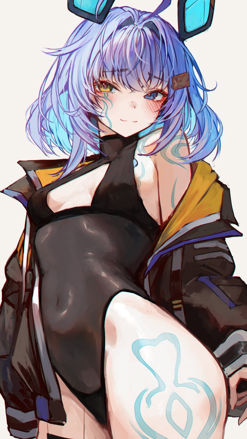1girl, :3, absurdres, ahoge, animal_ears, black_jacket, black_leotard, blue_eyes, blue_hair, blush, breast_tattoo, breasts, cleavage_cutout, closed_mouth, clothing_cutout, commentary, cosplay, covered_navel, facial_tattoo, fake_animal_ears, filian_(vtuber), filian_(vtuber)_(cosplay), hair_intakes, hair_ornament, hairclip, heattech_leotard, hetero, highres, hip_tattoo, indie_virtual_youtuber, jacket, leotard, light_blue_hair, light_smile, looking_at_viewer, medium_hair, naokomama, navel, open_clothes, open_jacket, sayu_sincronisity, sayu_sincronisity_(1st_costume), shoulder_tattoo, simple_background, single_off_shoulder, small_breasts, solo, standing, tattoo, turtleneck, virtual_youtuber, white_background, yellow_eyes