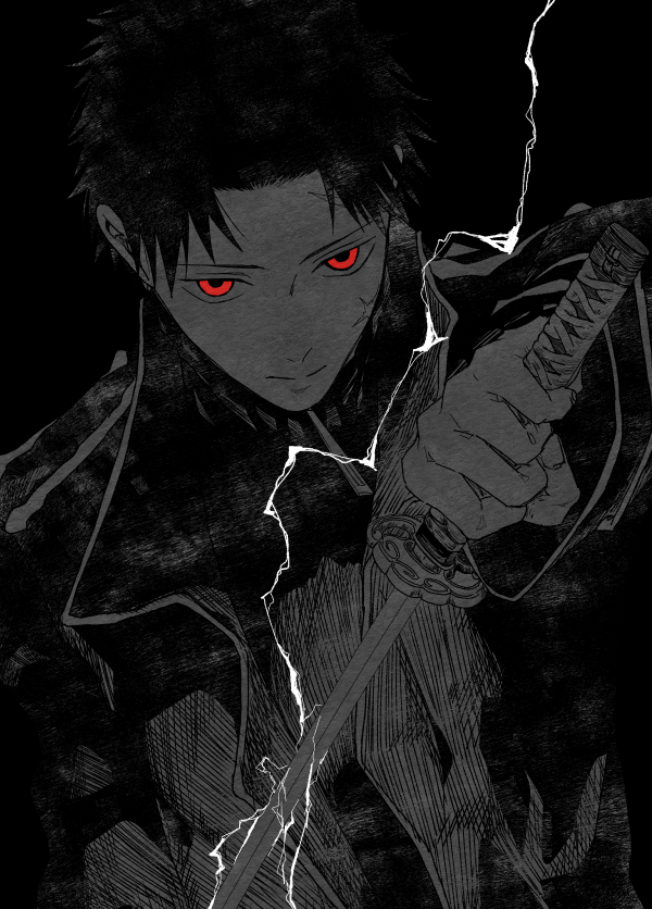 1boy, aoshiro_(aoshiro_bee), black_background, black_hair, black_jacket, closed_mouth, collared_jacket, expressionless, holding, holding_sword, holding_weapon, jacket, kagurabachi, lightning, looking_at_viewer, male_focus, partially_colored, red_eyes, rokuhira_chihiro, scar, scar_on_face, short_hair, solo, sword, upper_body, weapon