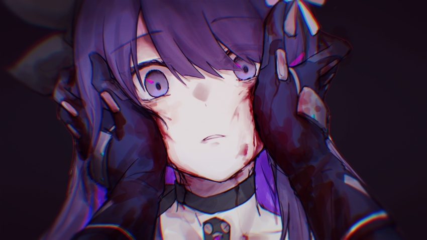 1boy, 1other, armored_gloves, beizhi, black_gloves, black_ribbon, blood, blood_on_face, blood_on_hands, blood_on_neck, blurry, chromatic_aberration, commandant_(pgr), blood_drip, gloves, head_grab, highres, lithos_(pgr), long_hair, looking_at_viewer, male_focus, mechabare, neck_ribbon, pov, pov_hands, punishing:_gray_raven, purple_eyes, purple_hair, ribbon, solo_focus, trap