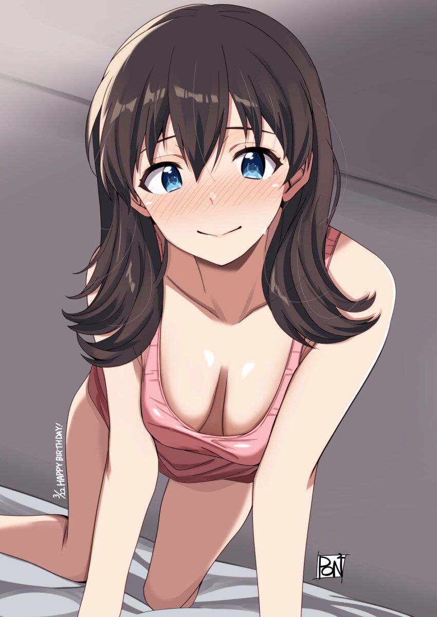 1girl, all_fours, bare_shoulders, bed_sheet, blue_eyes, blush, breasts, brown_hair