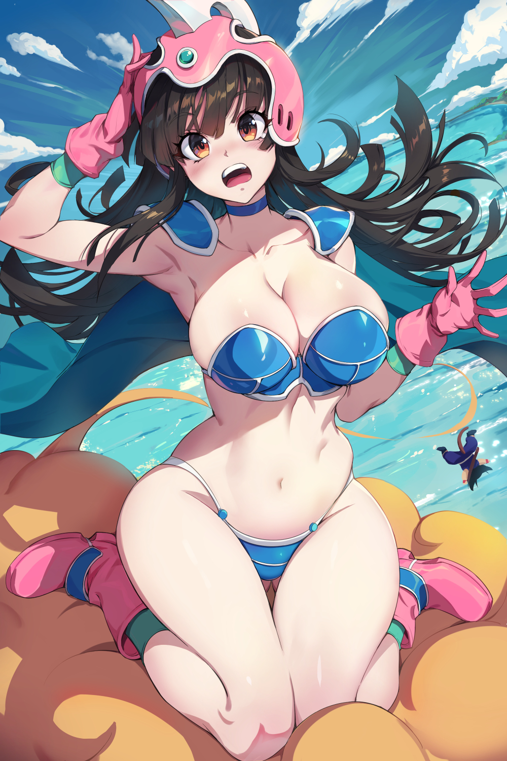 1boy, 1girl, aged_up, armor, bikini, bikini_armor, black_hair, blue_bikini