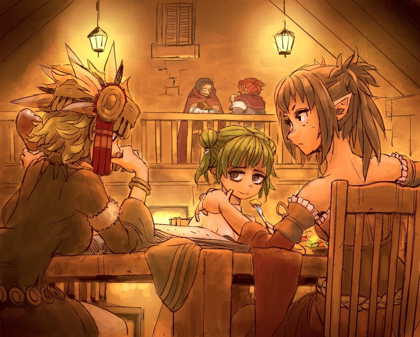 2boys, 3girls, black_eyes, black_hair, black_robe, blonde_hair, book, bracelet, cloak, closed_mouth, cowboy_shot, detached_sleeves, double_bun, dress, fork, gammel_(unicorn_overlord), green_hair, hair_bun, hand_up, headdress, highres, holding, holding_fork, holding_staff, indoors, jewelry, mandrin_(unicorn_overlord), medium_hair, multiple_boys, multiple_girls, pointy_ears, ponytail, reading, red_cloak, red_dress, red_hair, ridiel_(unicorn_overlord), robe, selvie_(unicorn_overlord), short_hair, sitting, squid_jt, staff, sweatdrop, tatiana_(unicorn_overlord), unicorn_overlord, wide_sleeves