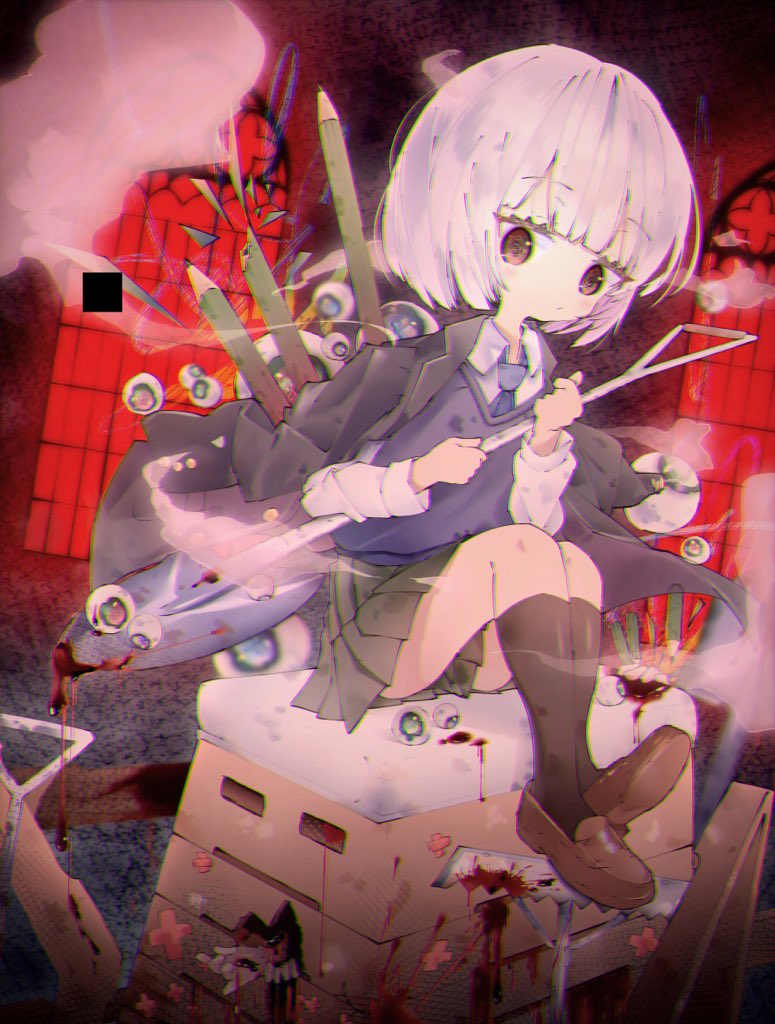 1girl, black_jacket, blood, blood_on_shovel, blue_necktie, blue_vest, blunt_bangs, brown_eyes, brown_footwear, crossed_bandaids, eyeball, green_skirt, hiiragi_magnetite, holding, holding_shovel, jacket, kneehighs, layered_clothes, loafers, long_sleeves, looking_at_viewer, n_u, necktie, pencil, rake, shirt, shoes, shovel, skirt, socks, vaulting_horse, vest, white_hair, white_shirt, window
