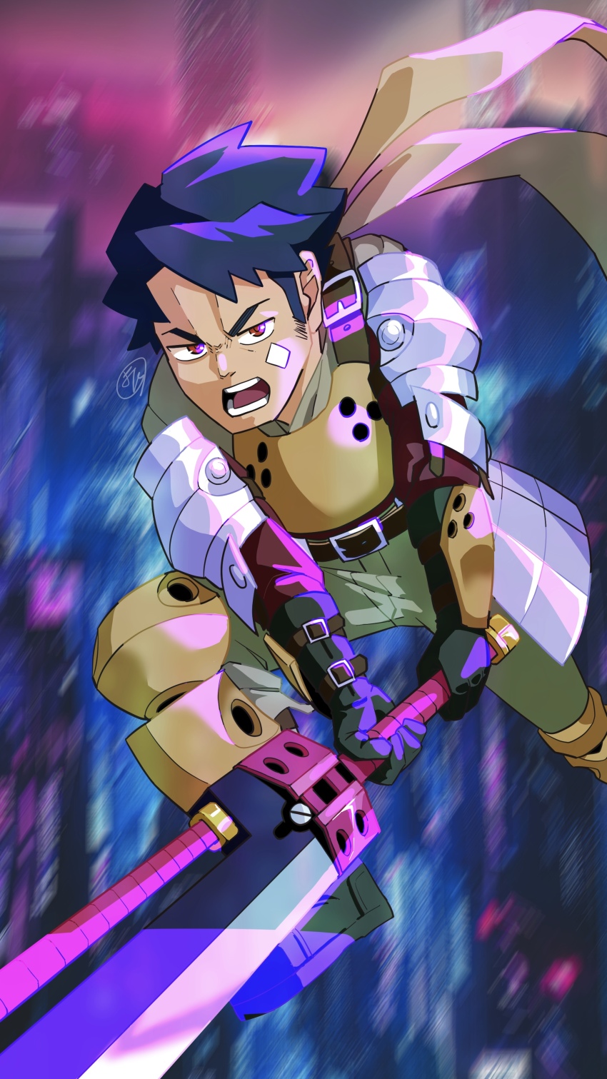 1boy, absurdres, armor, blue_hair, etrian_odyssey, foot_out_of_frame, furrowed_brow, highres