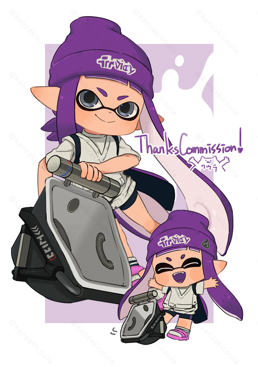 1girl, ^_^, arms_up, beanie, bloblobber_(splatoon), border, chibi, chibi_inset