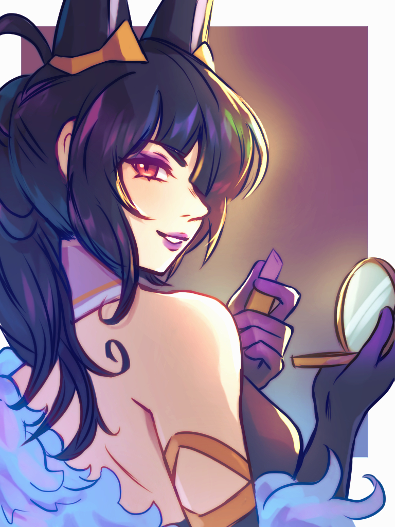 1girl, animal_ears, bare_shoulders, black_gloves, black_hair, cassandra_(dragalia_lost), cosmetics, dragalia_lost, elbow_gloves, gloves, hand_mirror, holding, holding_lipstick_tube, holding_mirror, lipstick, lipstick_tube, long_hair, looking_at_viewer, makeup, mirror, parted_lips, rabbit_ears, red_eyes, smile, solo, upper_body, vaccariia