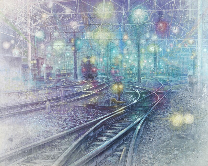 absurdres, east_japan_railway_company, electric_locomotive, fine_art_parody, highres, japan_railways, light, locomotive