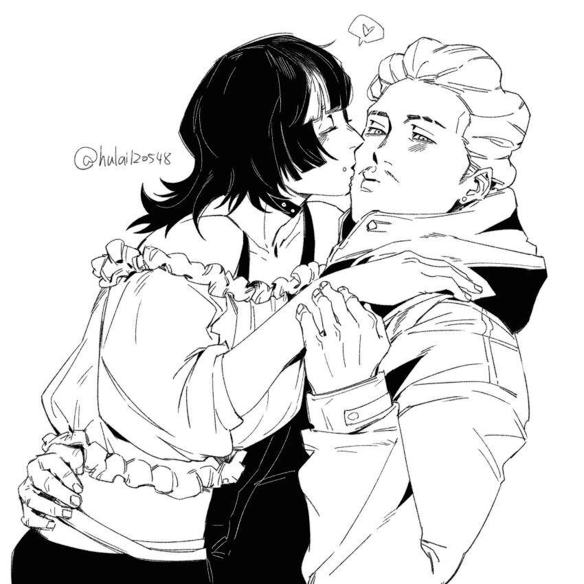 2boys, bare_shoulders, blunt_bangs, blush, bra_strap, buttons, choker, closed_eyes