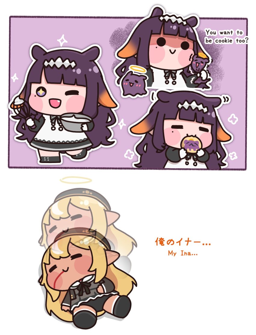 >_o, +_+, 2girls, =_=, bilingual_text, black_dress, blonde_hair, blood