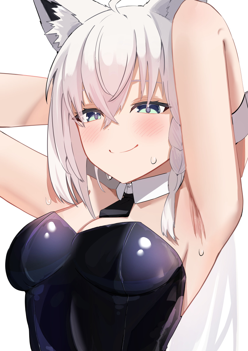 1girl, absurdres, ahoge, animal_ears, aqua_eyes, armpits, arms_up, black_leotard