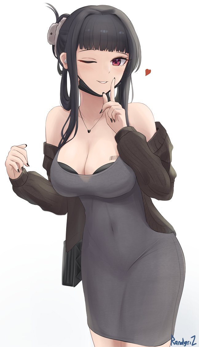 1girl, artist_name, axe, bag, barcode, barcode_tattoo, black_bra, black_dress