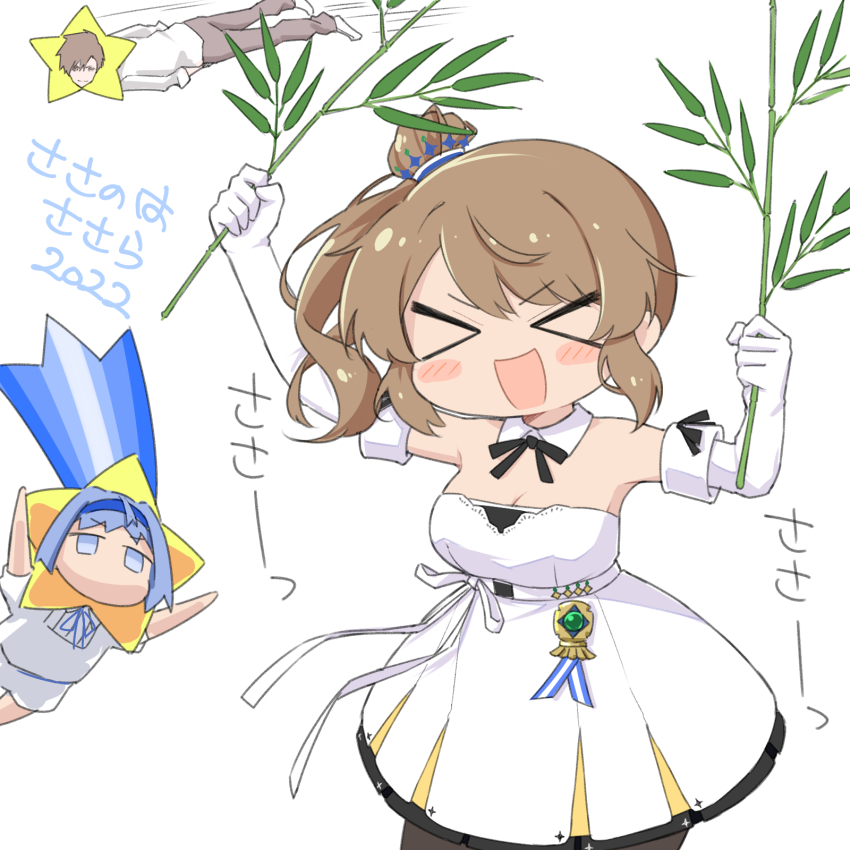 >_<, 1boy, 2girls, arms_up, bamboo, bare_shoulders, black_ribbon, blue_eyes, blue_hair, blue_hairband, blush_stickers, branch, breasts, brown_hair, brown_pants, cevio, chibi, cleavage, commentary, detached_collar, dress, elbow_gloves, flying, gloves, hair_bun, hair_ornament, hairband, hands_in_pockets, hands_up, highres, holding, holding_branch, jitome, large_breasts, long_hair, multiple_girls, neck_ribbon, open_mouth, pants, puffy_short_sleeves, puffy_sleeves, ribbon, satou_sasara, shirt, shiyoheee, shooting_star_(symbol), short_dress, short_hair, short_sleeves, shorts, side_ponytail, simple_background, single_side_bun, sleeveless, sleeveless_dress, smile, star_costume, strapless, strapless_dress, suzuki_tsudumi, takahashi_amato, tanabata, translation_request, underbust, v-shaped_eyebrows, white_background, white_dress, white_gloves, white_shirt, white_shorts