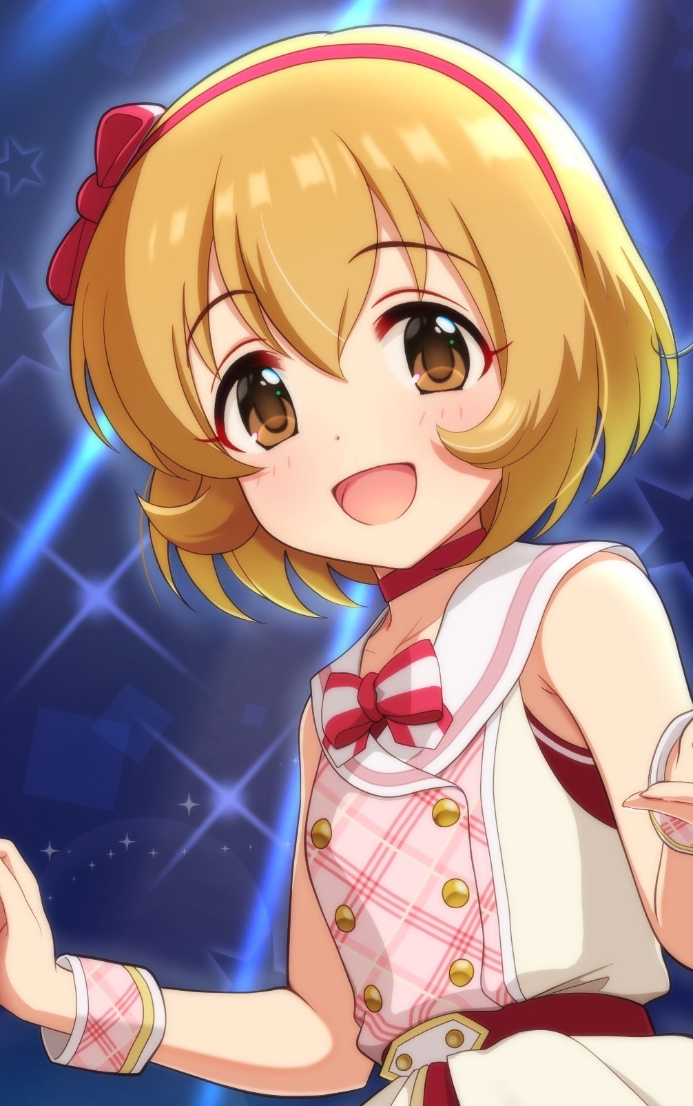 1girl, armpit_crease, bare_shoulders, belt, belt_buckle, birthday, blonde_hair, blush