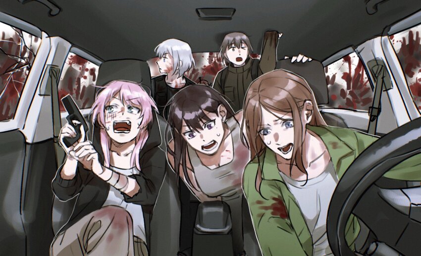 >_o, 5girls, bandaged_arm, bandages, bang_dream!, bang_dream!_it's_mygo!!!!!, black_hoodie, black_shirt