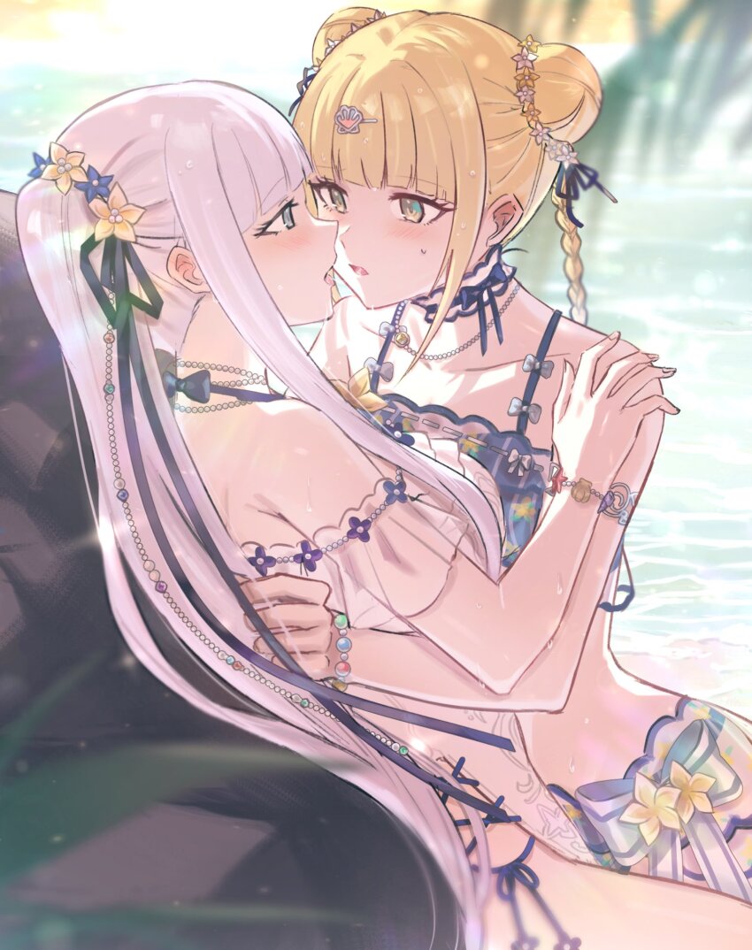 2girls, after_kiss, aoki_shizumi, beach, bikini, black_bikini, black_ribbon, blonde_hair