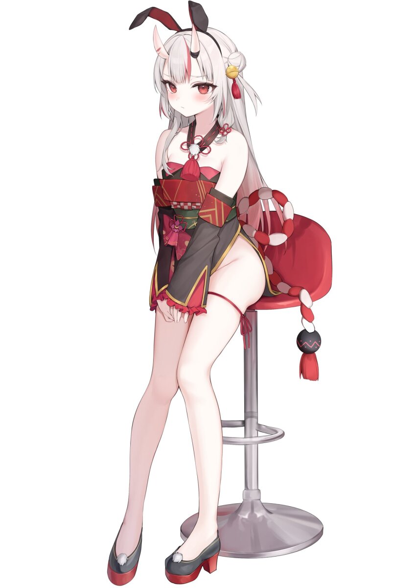 1girl, adapted_costume, animal_ears, bar_stool, bare_legs, bell, black_kimono, blush