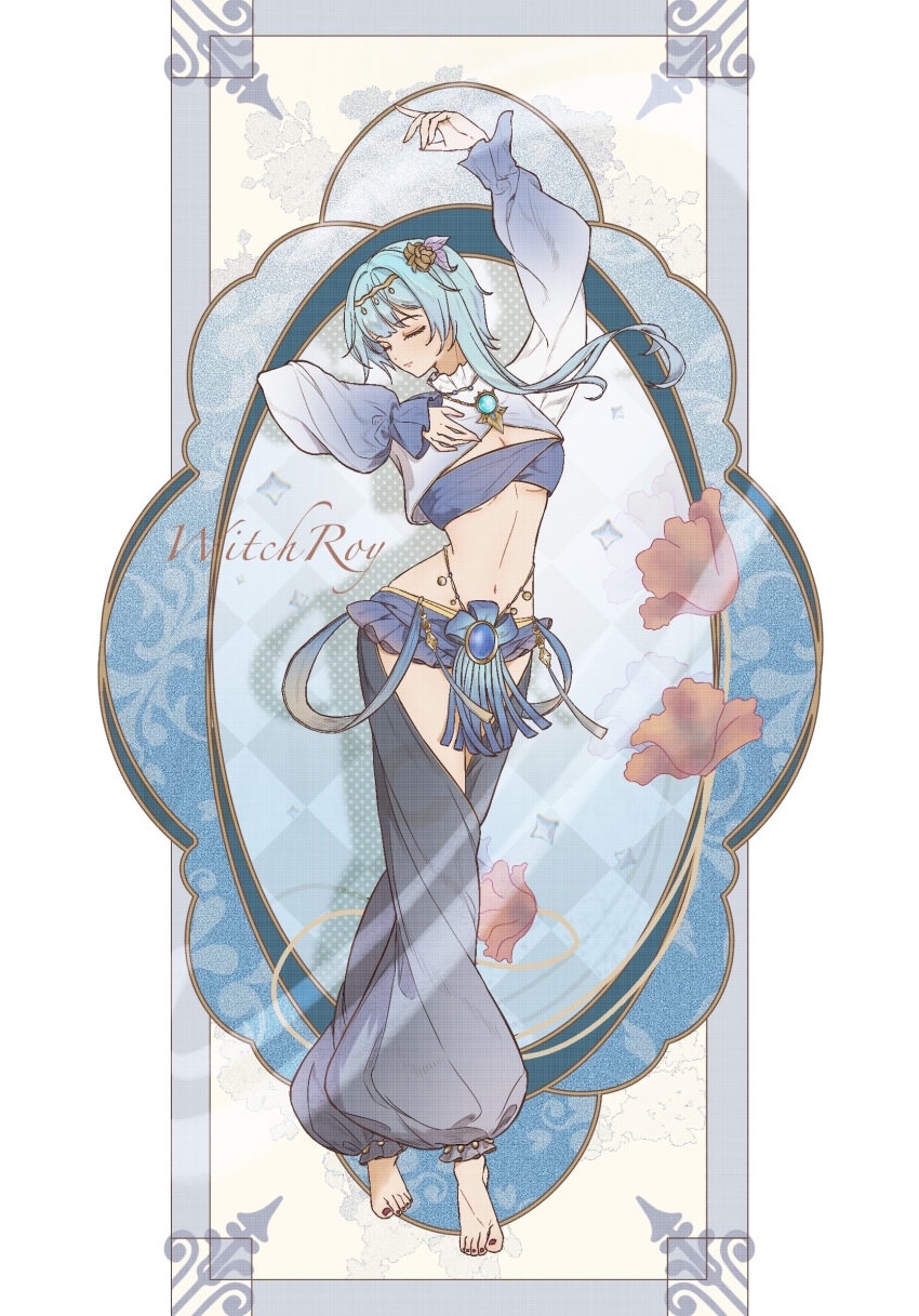 1girl, arm_up, artist_name, barefoot, black_pants, blue_background, blue_hair, blue_sleeves