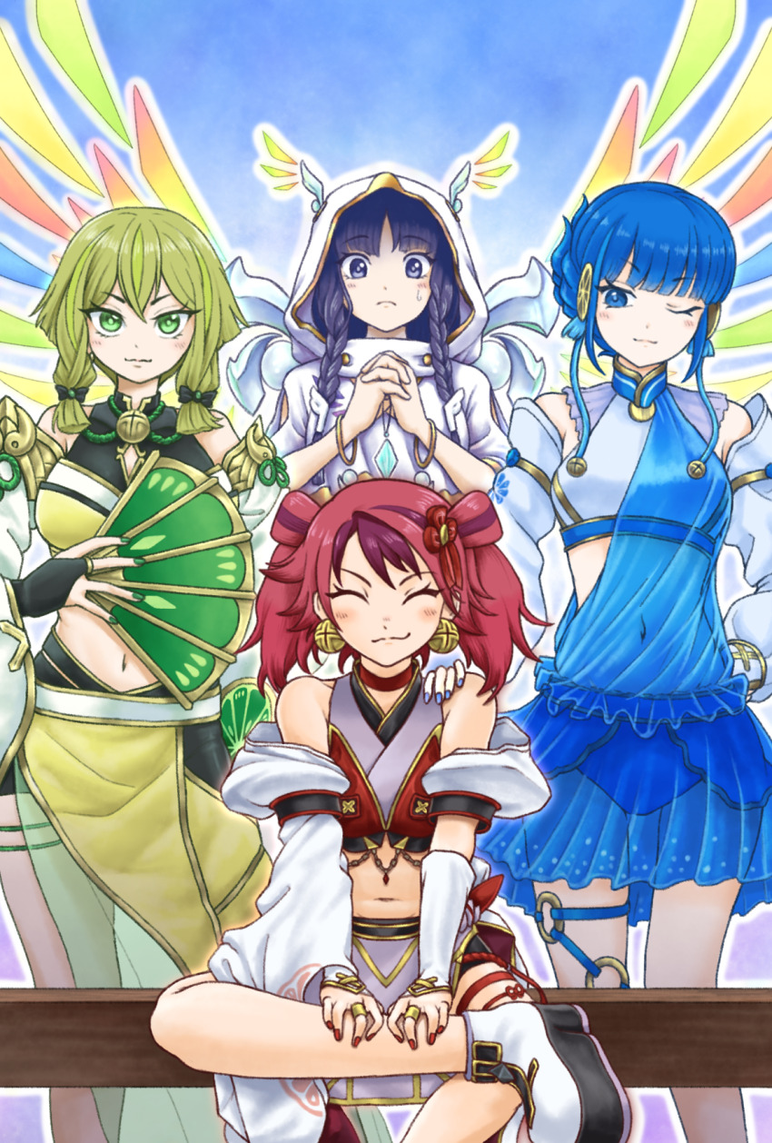 4girls, bike_shorts, blue_eyes, blue_hair, braid, closed_eyes, crop_top, detached_sleeves, diviner_of_the_herald, dress, duel_monster, elbow_gloves, gameplay_mechanics, gloves, green_eyes, green_hair, ha-re_the_sword_mikanko, hand_fan, highres, holding, holding_fan, hu-li_the_jewel_mikanko, long_hair, long_sleeves, midriff, multiple_girls, nail_polish, ni-ni_the_mirror_mikanko, one_eye_closed, own_hands_clasped, own_hands_together, parasite_oyatsu, pelvic_curtain, purple_eyes, purple_hair, red_hair, short_hair, sitting, skirt, smug, twin_braids, twintails, yu-gi-oh!