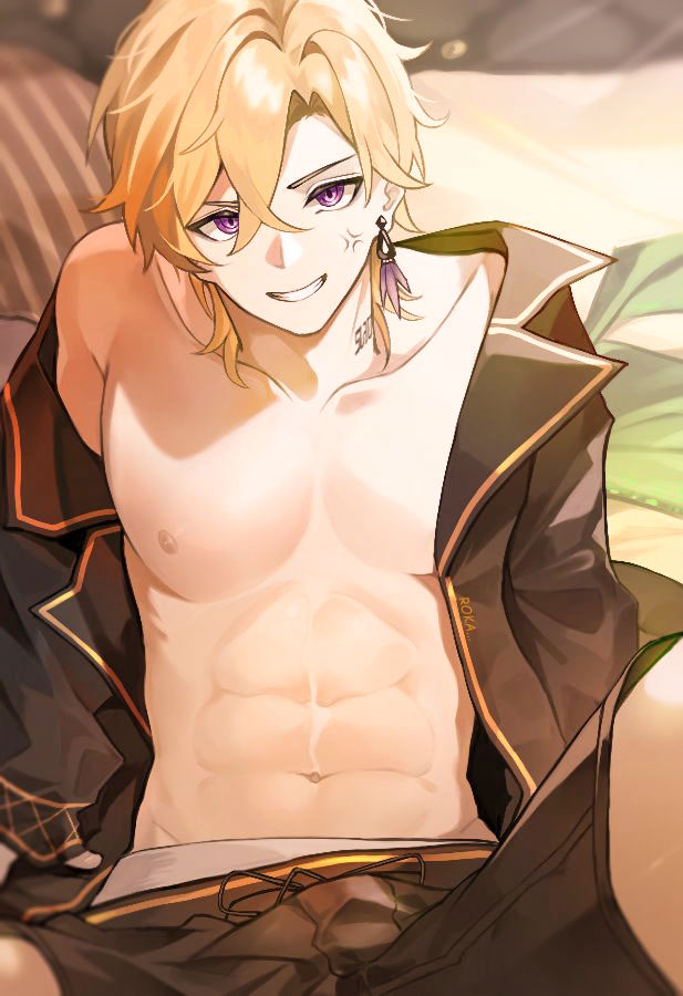 1boy, abs, anger_vein, aventurine_(anan)_(honkai:_star_rail), aventurine_(honkai:_star_rail), bed, black_pajamas, blonde_hair, collarbone, earrings, hair_between_eyes, honkai:_star_rail, honkai_(series), jewelry, looking_at_viewer, male_focus, midriff, navel, official_alternate_costume, on_bed, open_clothes, open_shirt, pajamas, purple_eyes, short_hair, solo, zenata_roka