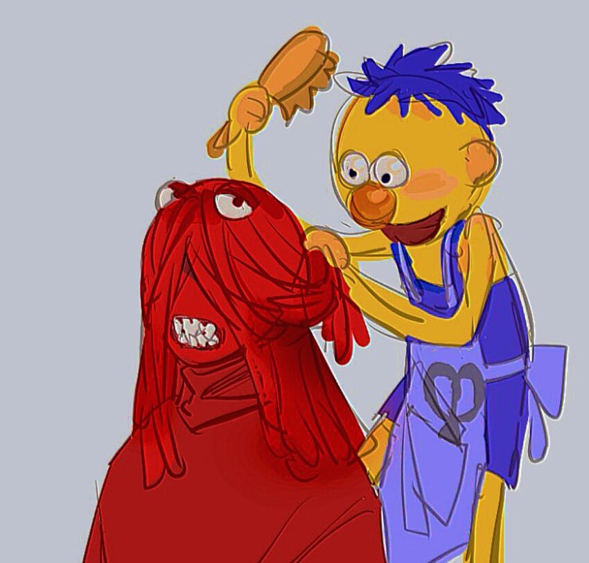 2boys, apron, barber, blue_apron, blue_hair, blue_overalls, brushing_hair, colored_skin, crooked_teeth, don't_hug_me_i'm_scared, grabbing_another's_hair, grey_background, hair_brush, hairdressing, half-closed_eyes, holding_another's_hair, multiple_boys, open_mouth, overalls, red_fur, red_guy_(dhmis), scissors, sketch, smile, toothpaste_dd, yellow_guy_(dhmis), yellow_skin