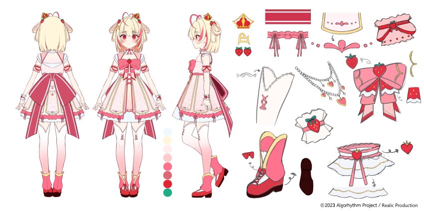 1girl, absurdres, akimotto, algorhythm_project, blonde_hair, boots, bow, copyright_name, dress, food, fruit, hair_ornament, highres, jewelry, medium_hair, multicolored_hair, necklace, pantyhose, pink_boots, pink_bow, pink_hair, poru_(algorhythm_project), second-party_source, strawberry, virtual_youtuber, white_dress, white_pantyhose
