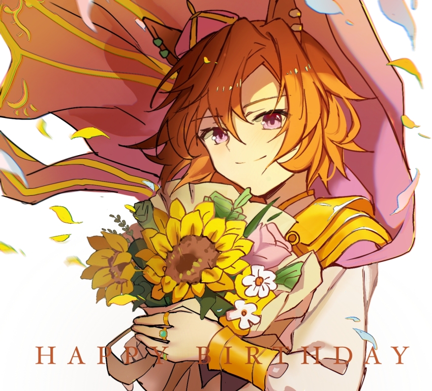 1girl, animal_ears, birthday, bouquet, cape, crown, ear_piercing, flower