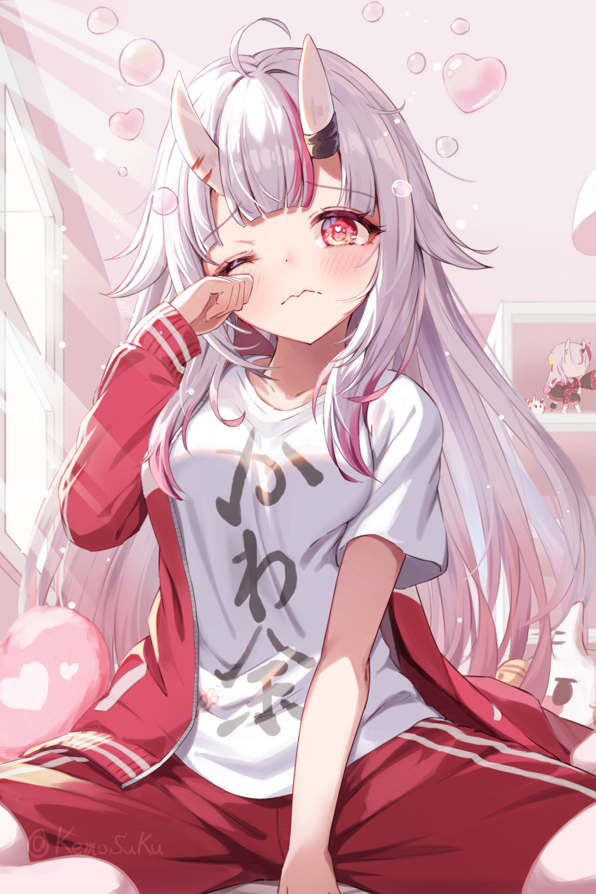 1girl, absurdres, ahoge, blush, gradient_hair, grey_hair, highres, hololive