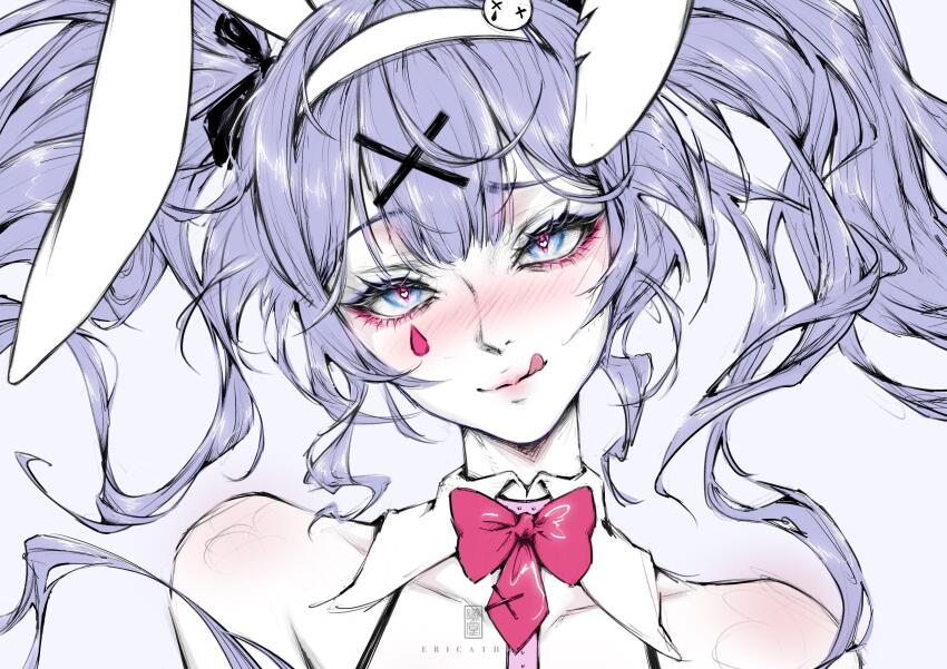 1girl, :p, absurdres, animal_ear_hairband, animal_ears, artist_name, bare_shoulders, blue_eyes