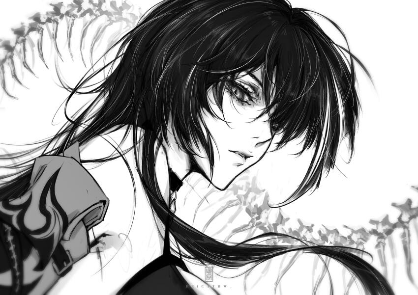 1girl, absurdres, acheron_(honkai:_star_rail), artist_name, choker, ericathw, expressionless, from_side