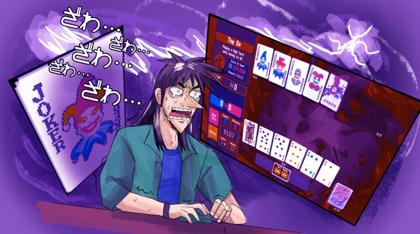 1boy, balatro, black_hair, card, commentary, computer_mouse, dutch_angle, english_commentary, fukumoto_nobuyuki_(style), highres, impactzack, itou_kaiji, joker_(playing_card), tobaku_mokushiroku_kaiji, long_hair, male_focus, official_style, open_mouth, parody, playing_card, playing_games, playing_video_games, pointy_nose, poker, purple_background, solo, style_parody, upper_body, wavy_eyes, zawa_(onomatopoeia)