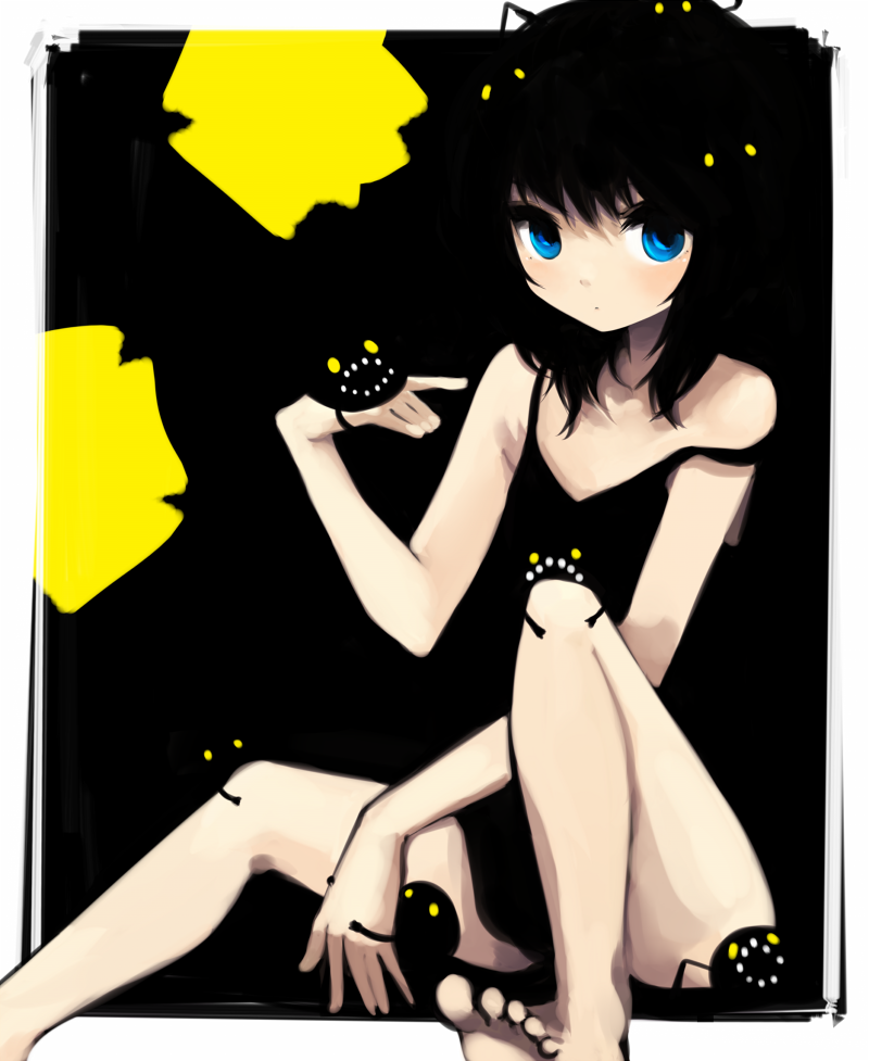 1girl, barefoot, black_hair, blue_eyes, darkness, dress, feet, female_focus