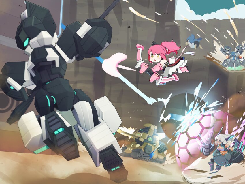 2girls, cosmic_break, highres, kuhl, long_hair, looking_at_viewer, mecha, melfi