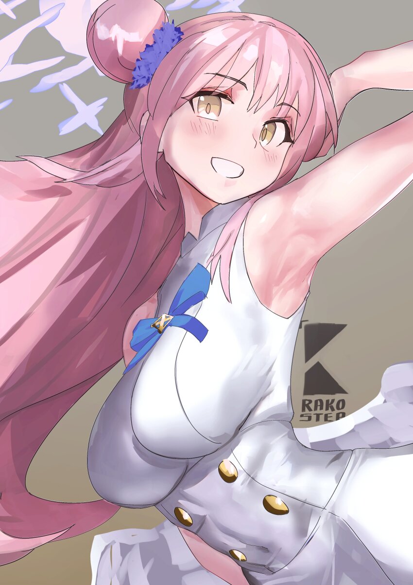 1girl, absurdres, angel_wings, armpits, blue_archive, breasts, hair_bun, halo