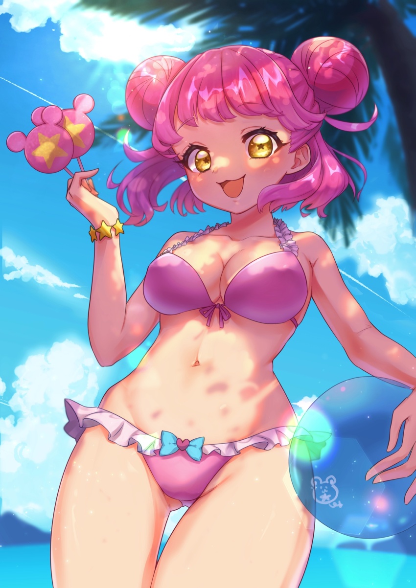 1girl, :d, ball, beachball, bikini, blue_sky, bracelet, breasts, candy, cleavage, cloud, commentary_request, cowboy_shot, day, double_bun, food, frilled_bikini, frills, hair_bun, highres, holding, holding_ball, holding_beachball, holding_candy, holding_food, holding_lollipop, jewelry, kiracchu_(pri_chan), kiratto_pri_chan, lollipop, looking_at_viewer, medium_breasts, moukinui, navel, open_mouth, outdoors, palm_tree, pink_bikini, pink_hair, pretty_series, short_hair, sky, smile, solo, standing, star-shaped_pupils, star_(symbol), swimsuit, symbol-shaped_pupils, tree, water, yellow_eyes