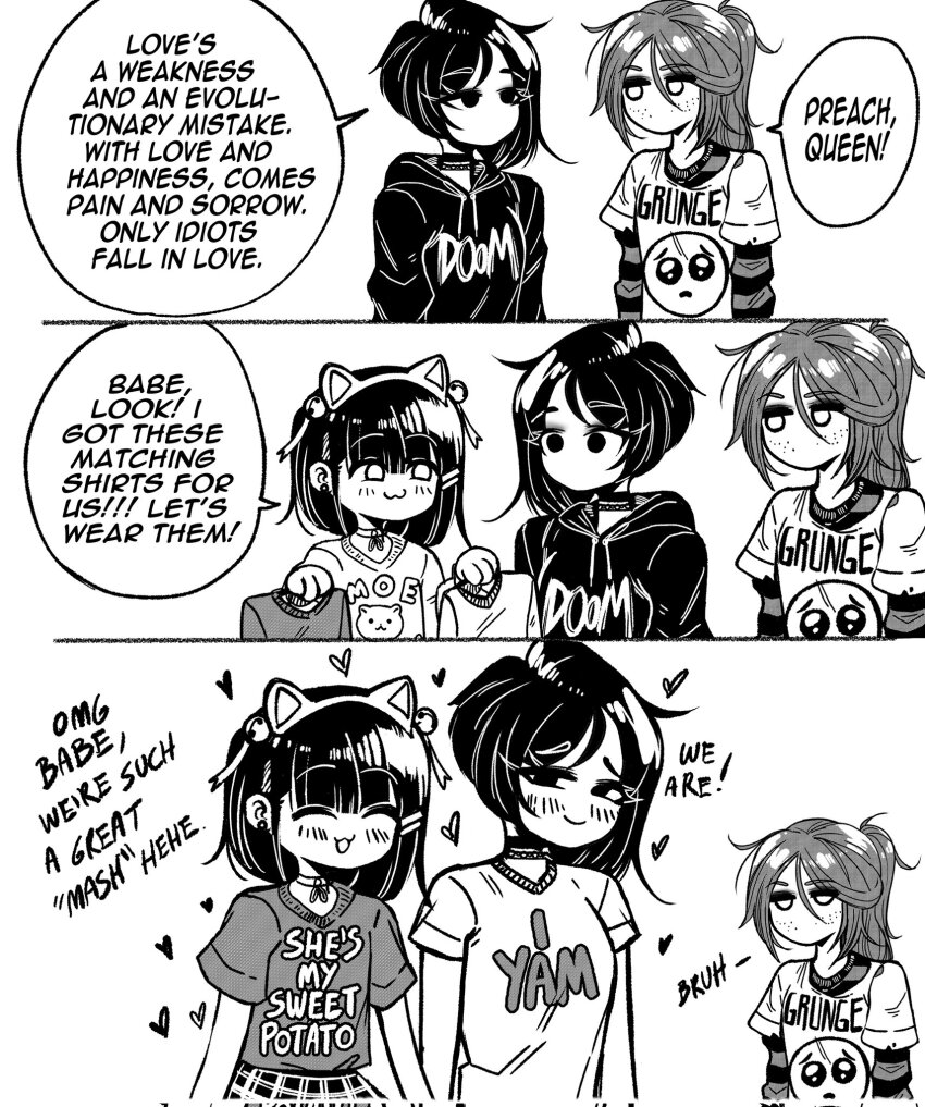 3girls, :3, ^_^, animal_ears, closed_eyes, clothes_writing, commentary, corrupted_twitter_file