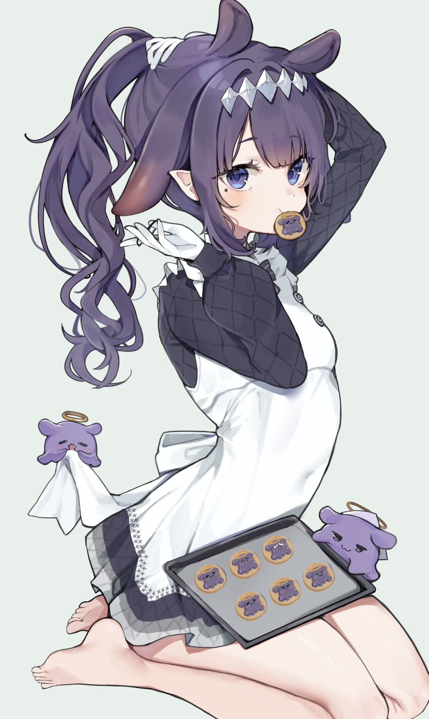 1girl, adjusting_hair, apron, barefoot, black_dress, blush, cookie, dress