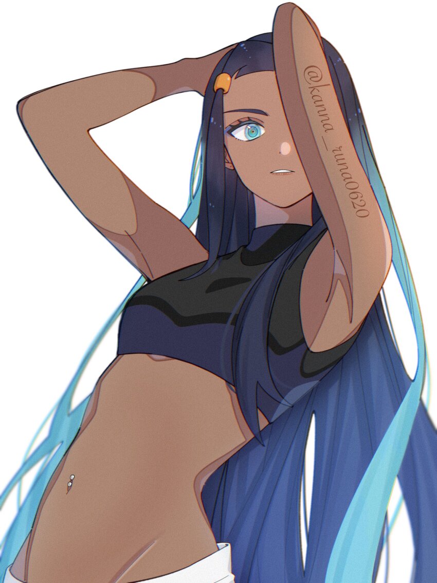1girl, armpits, arms_up, bare_arms, black_hair, black_shirt, blue_eyeshadow, commentary_request