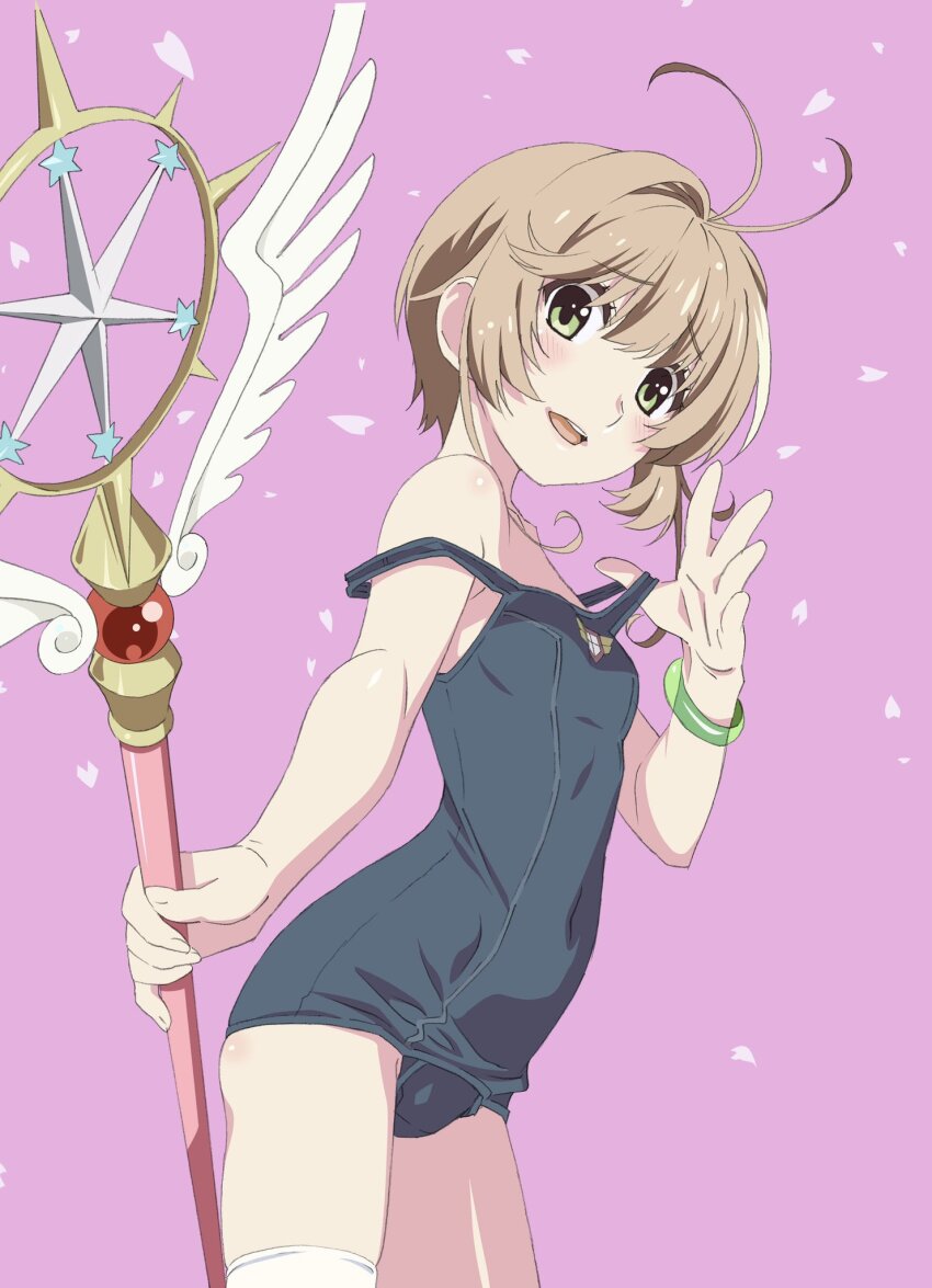 1girl, ahoge, antenna_hair, blue_one-piece_swimsuit, blush, brown_hair, cardcaptor_sakura, covered_navel
