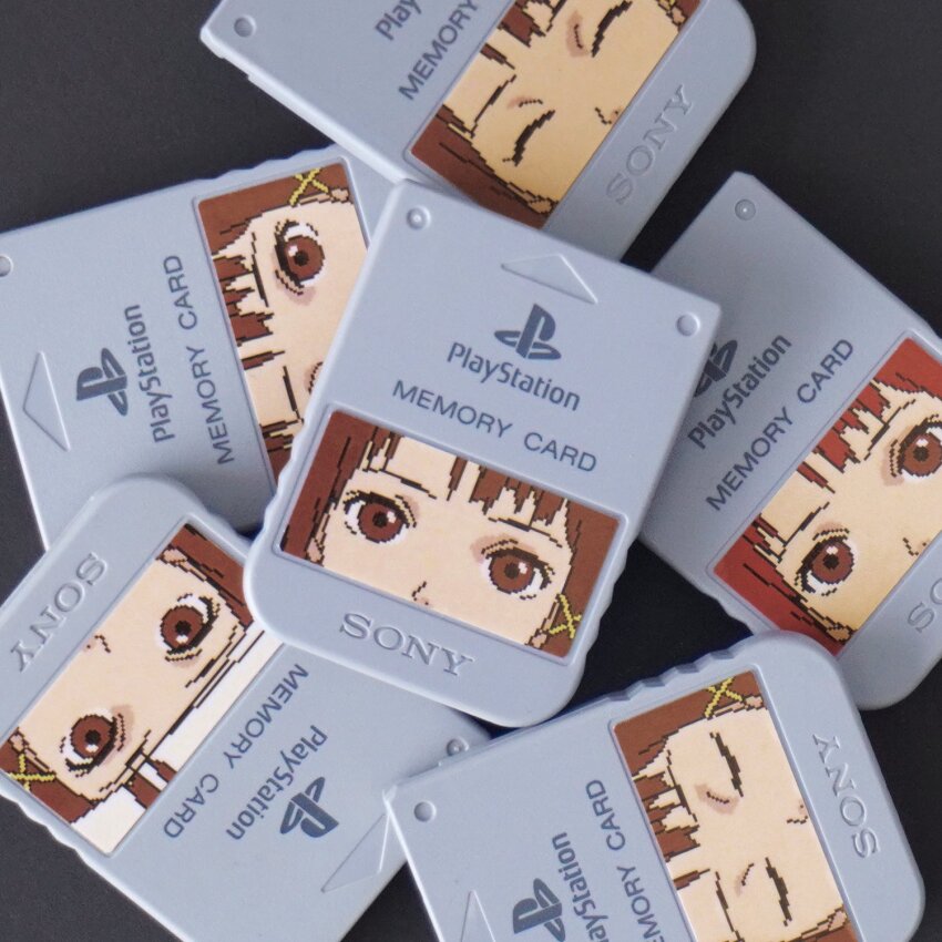 1girl, ^_^, brown_eyes, brown_hair, close-up, closed_eyes, game_console, hair_ornament, highres, iwakura_lain, looking_at_viewer, memory_card, multiple_views, panasonynet, photo_(medium), playstation_1, serial_experiments_lain, sony, x_hair_ornament